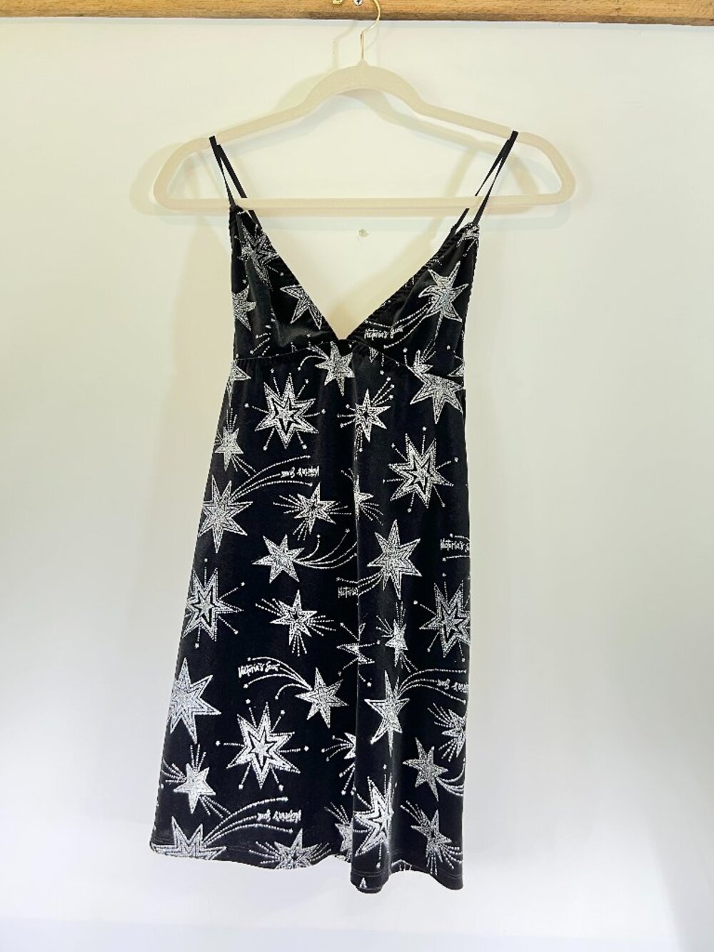 Victoria Secret Black Velvet Sparkly Star Mini Slip Dress Small Sexy Goth